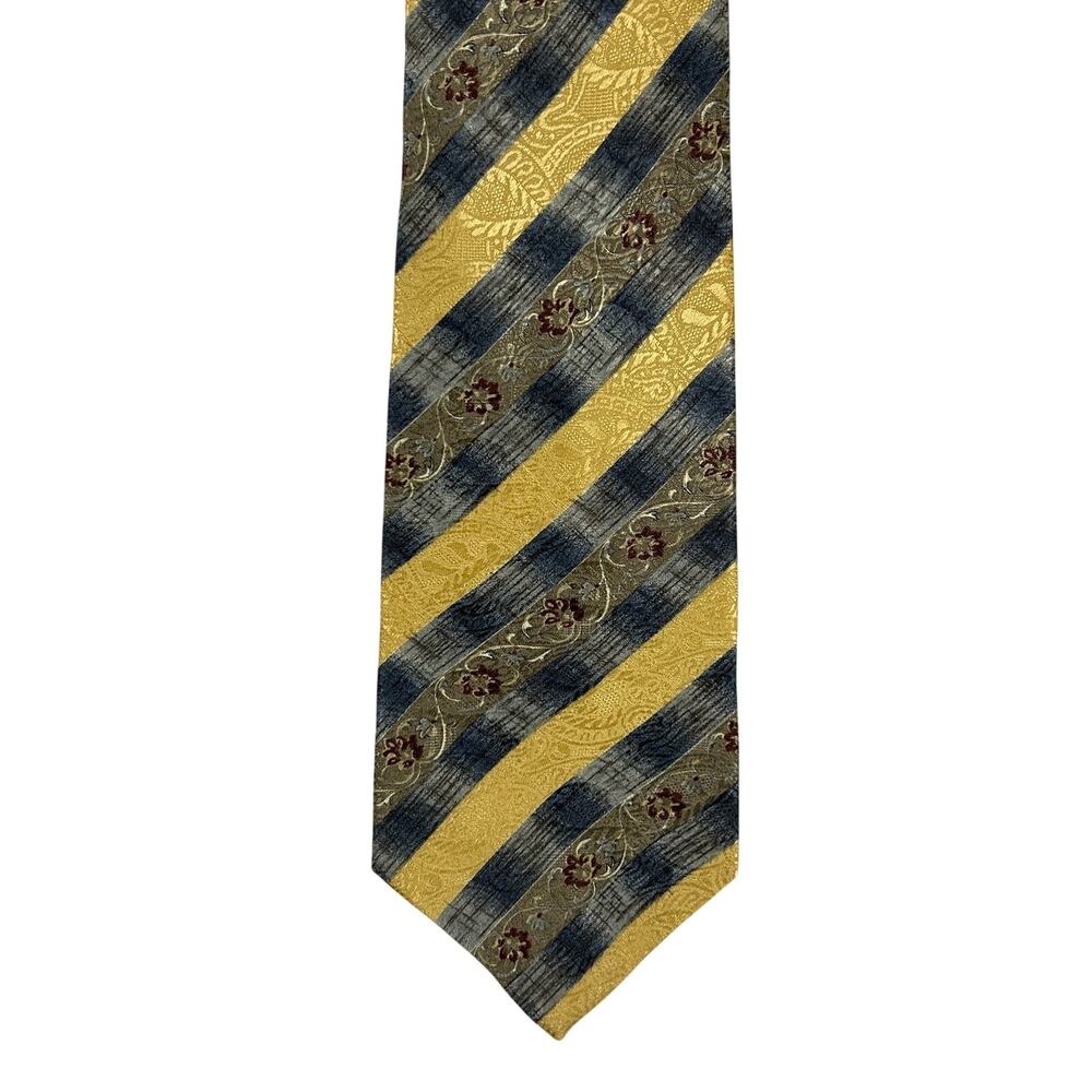 New Claiborne Silk Tie Gold Navy Floral Stripe Holiday 1996 USA NWT - Picture 4 of 6